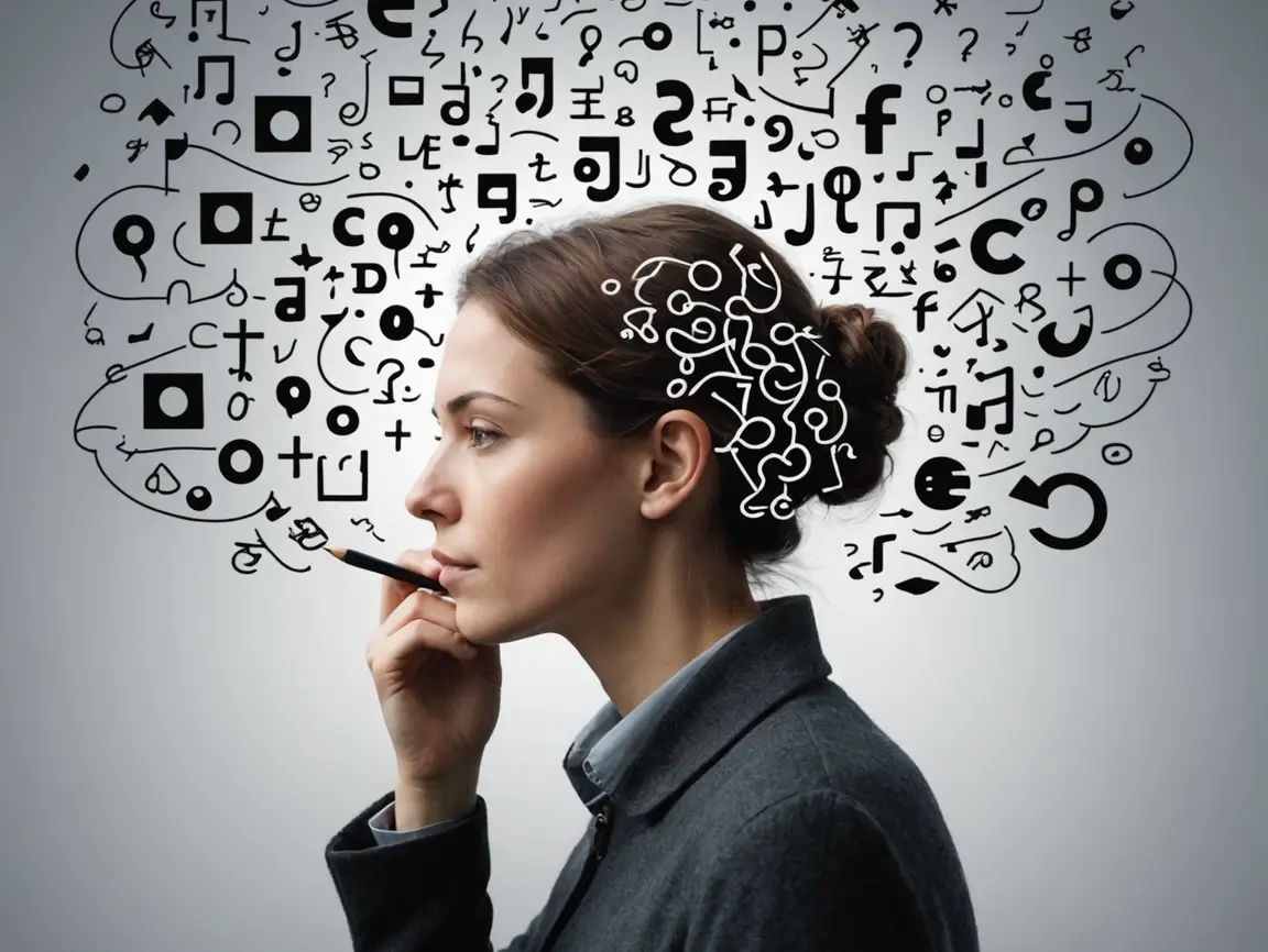 A woman thinking with symbols.