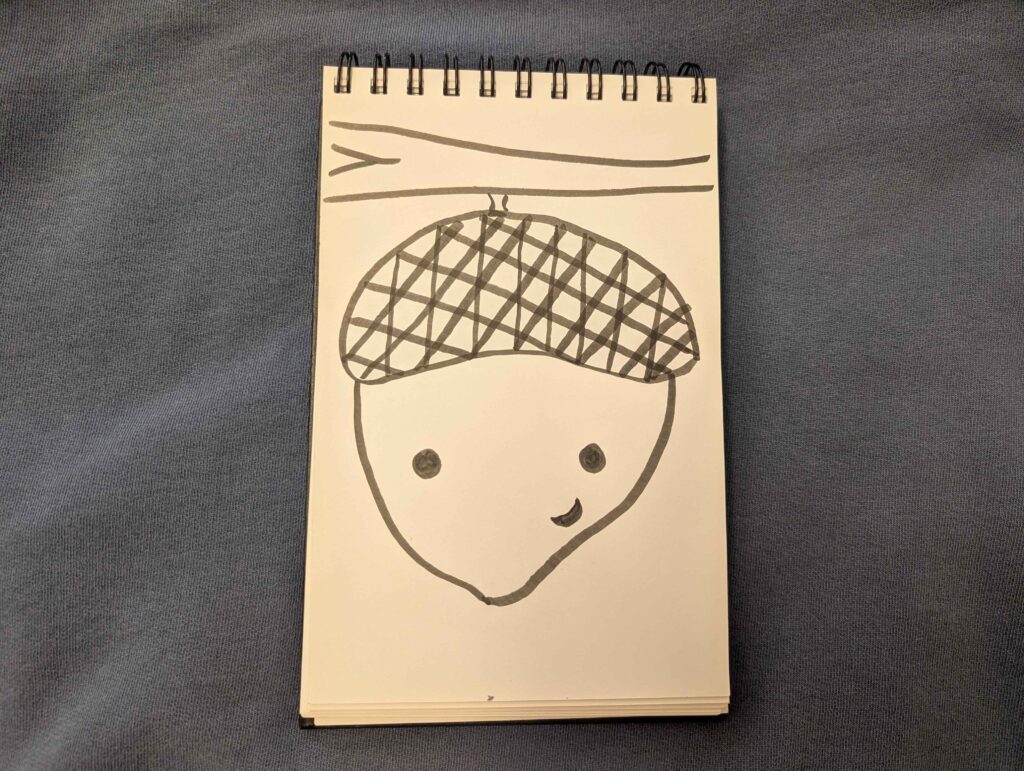 A drawing of an acorn with a smiley face in an art notebook.