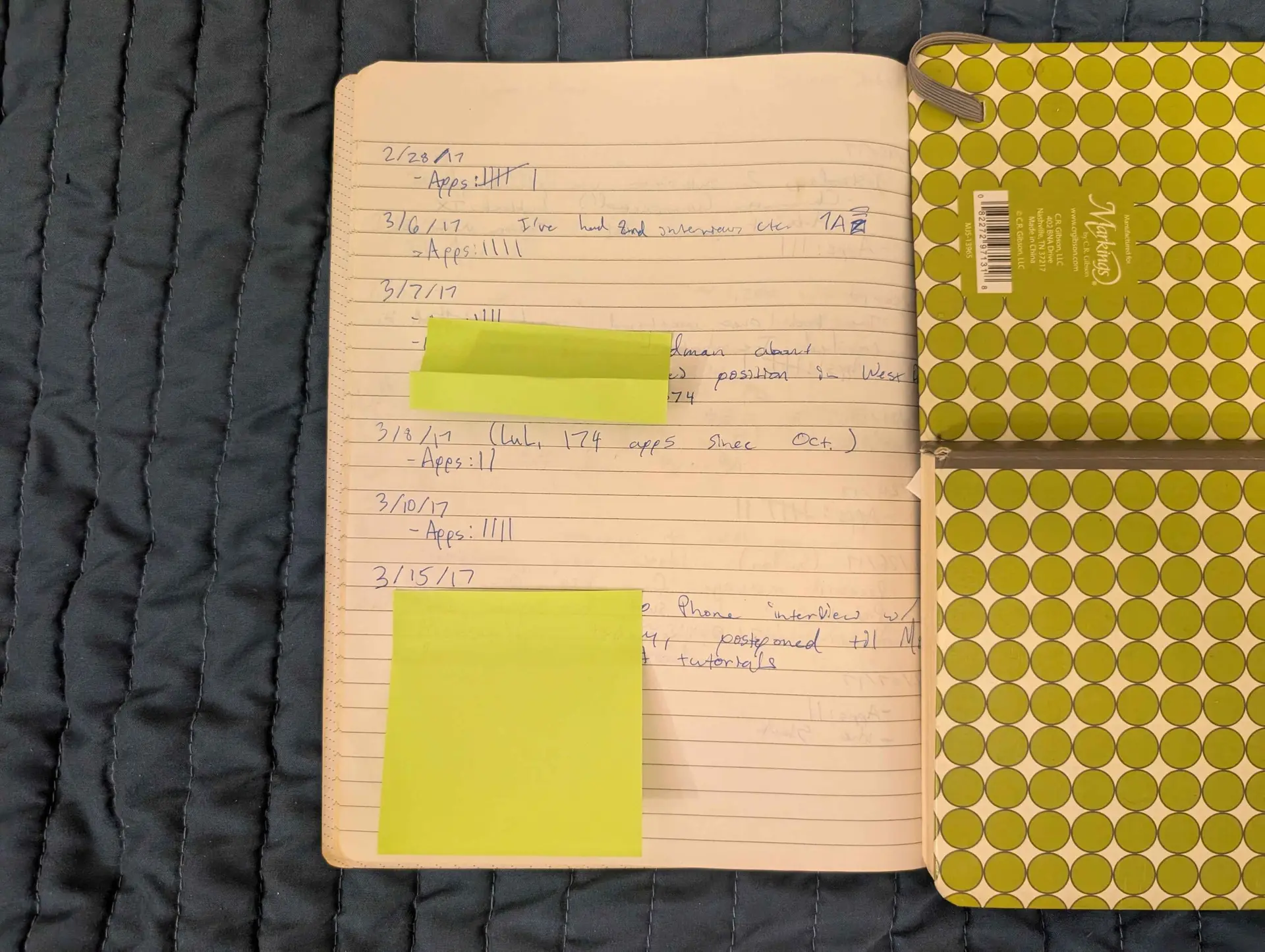 A notebook in lab journal style showing a record of job applications for a young job seeker.