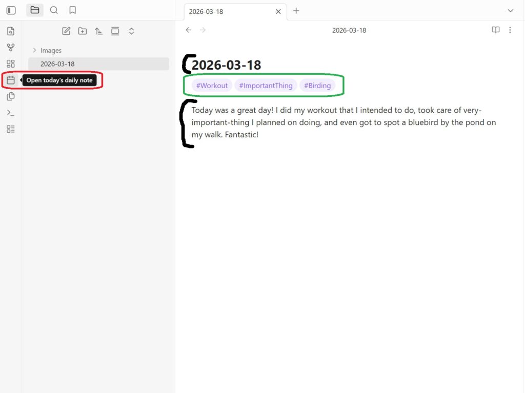 An image showing (in red) where to click to open a new daily note, and the layout of a typical daily note post, including tags, circled here in green.